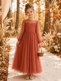 Flower Girl Dress A-Line Papaya Chiffon Long Sleeve Fall Ceremony front view