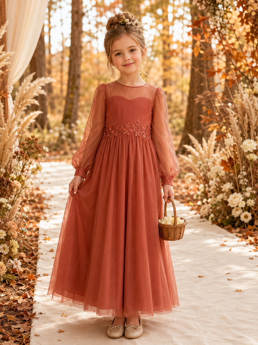 Flower Girl Dress A-Line Papaya Chiffon Long Sleeve Fall Ceremony front view