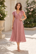 Dusty Rose Petite Wedding Guest Sheath Dress front view