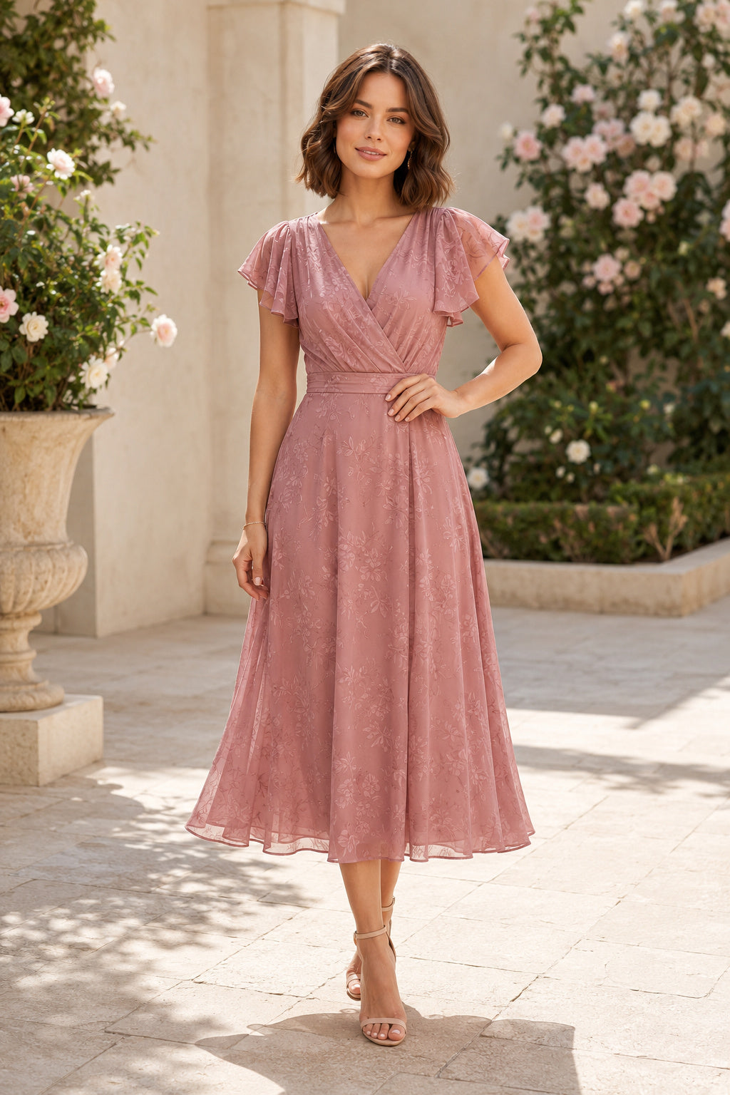 Dusty Rose Petite Wedding Guest Sheath Dress front view