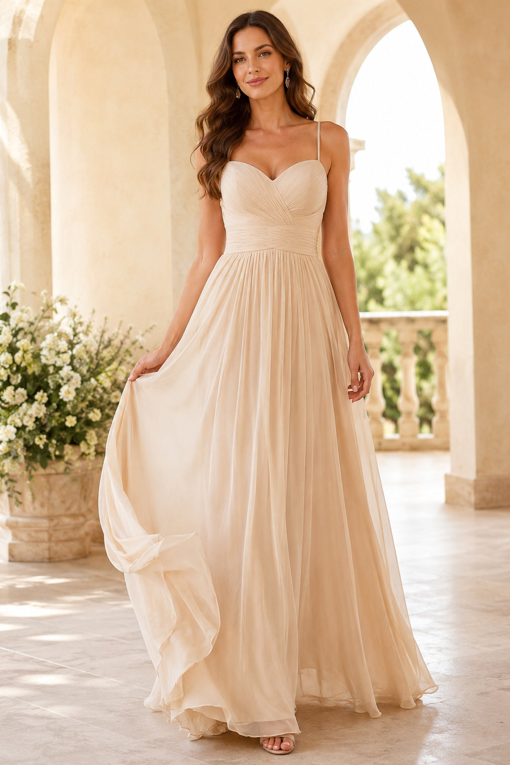 Champagne Spaghetti Strap Sweetheart Tulle A Line Bridesmaid Gown With Soft Skirt Bridesmaid Dress front view