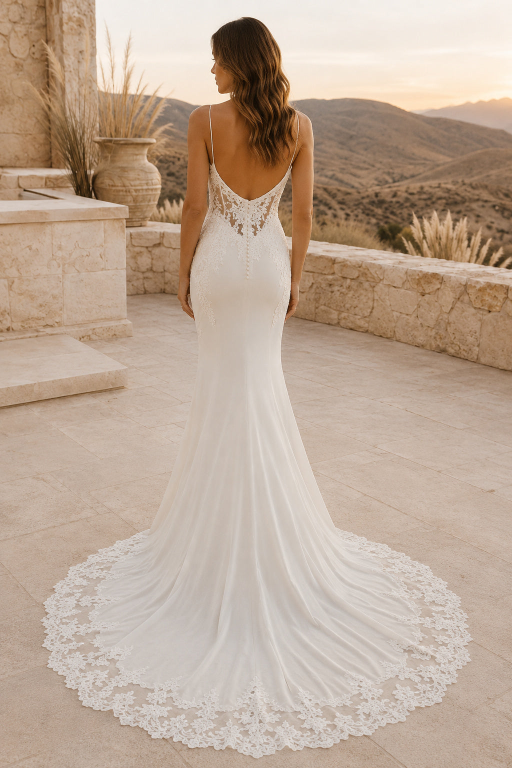 Ivory Spaghetti Strap Crepe Mermaid Wedding Dress with Lace Train and Low Back back view