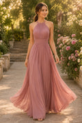 Dusty Rose Halter Chiffon A Line Dress with Pleated Bodice and Keyhole Back Floor Length A Line Bridesmaid Dress front view