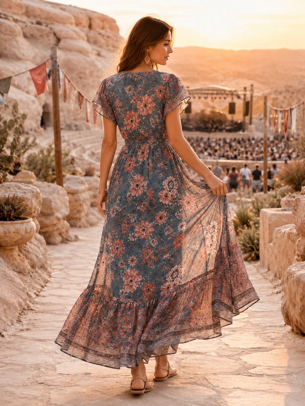 Blue Floral V Neck Wrap Boho Concert Maxi Dress back view