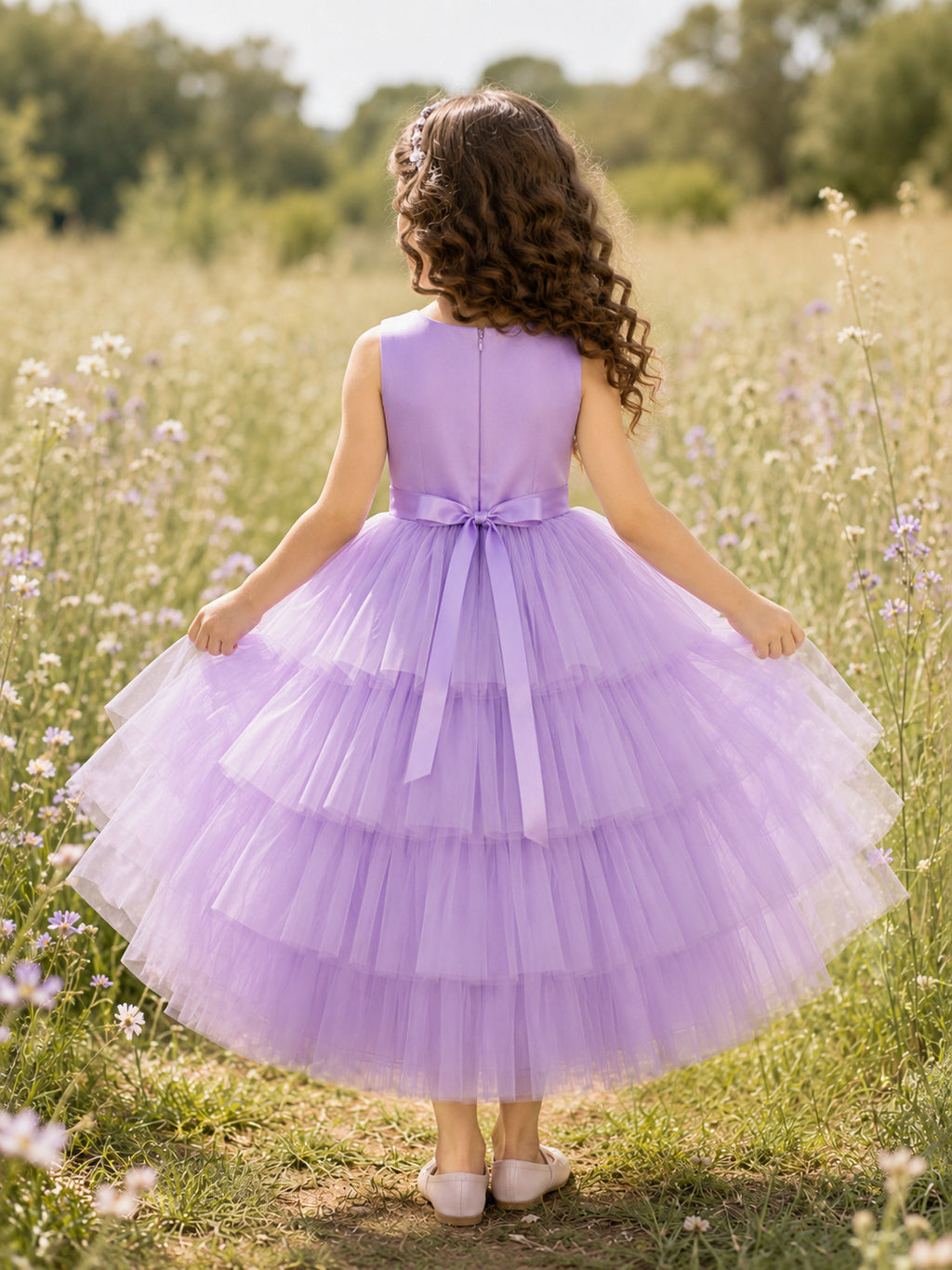 Flower Girl Dress Lavender Tulle A-Line Sleeveless Jewel Neck Tea Length Ruffle Detail Tiered Skirt back view