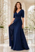 Dark Navy V-Neck A-Line Mother Dress with Half Sleeves and Beaded Waist Detail for Evening Reception front view
