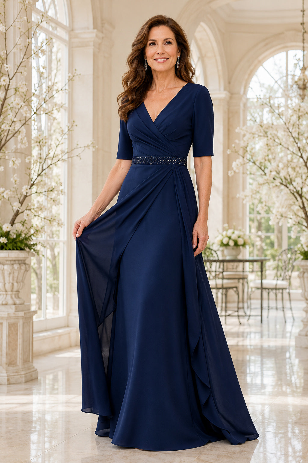 Dark Navy V-Neck A-Line Mother Dress with Half Sleeves and Beaded Waist Detail for Evening Reception front view