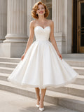 1950s Vintage Strapless Sweetheart Satin A-Line Tea-Length Courthouse Wedding Dress front view