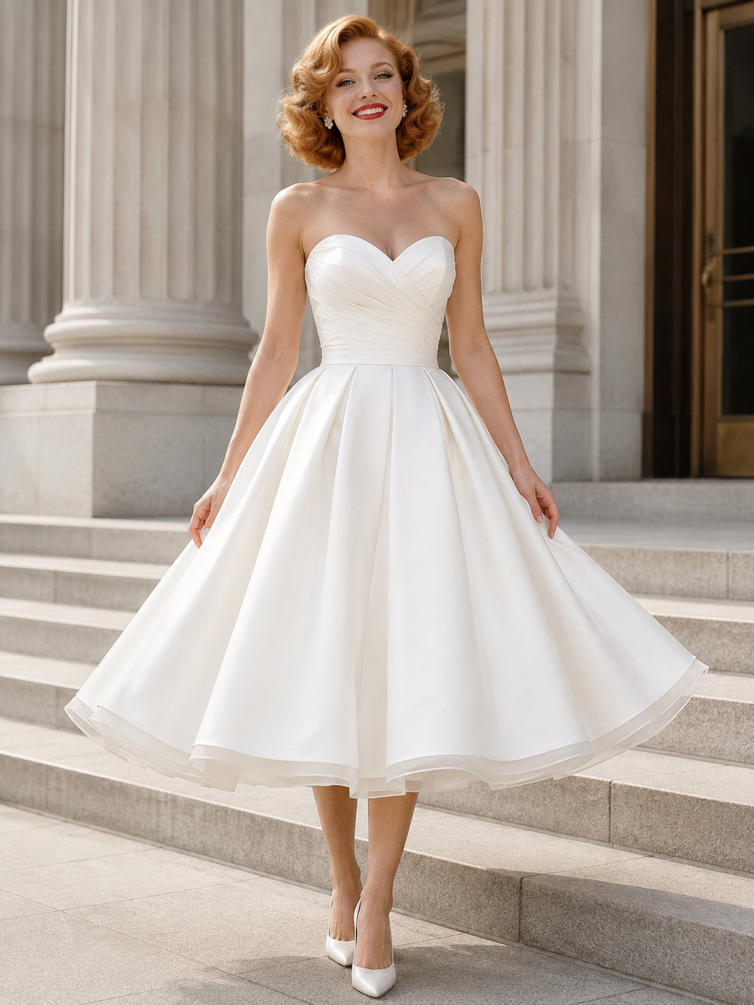 1950s Vintage Strapless Sweetheart Satin A-Line Tea-Length Courthouse Wedding Dress front view
