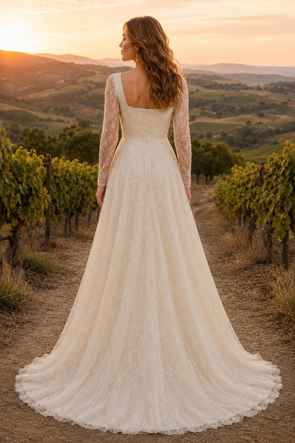 Ivory Simple Square Neck A-Line Soft Tulle Wedding Dress with Long Lace Sleeves and Sweep Train back view