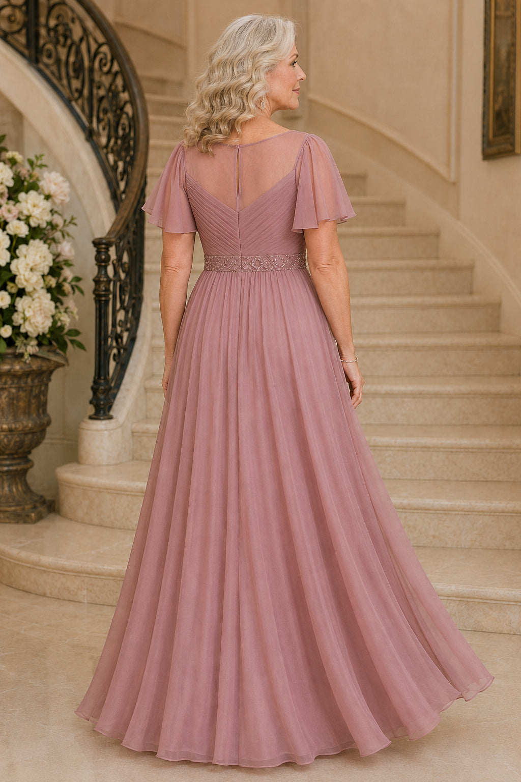 Vintage Mauve Chiffon A-Line Mother Dress with Flutter Sleeves and Beaded Waist back view