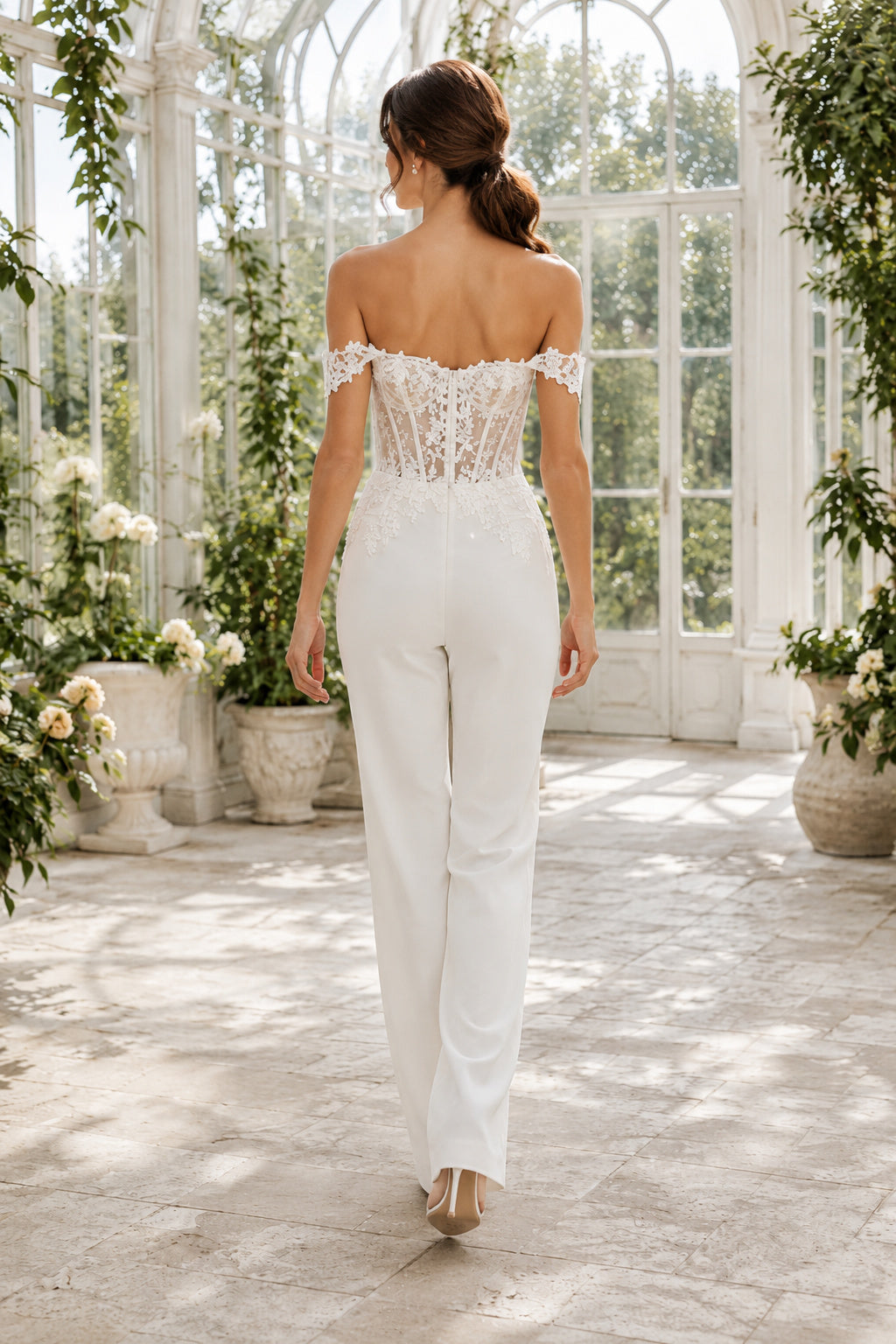 White Off-the-Shoulder Lace Bodice Bridal Jumpsuit back view