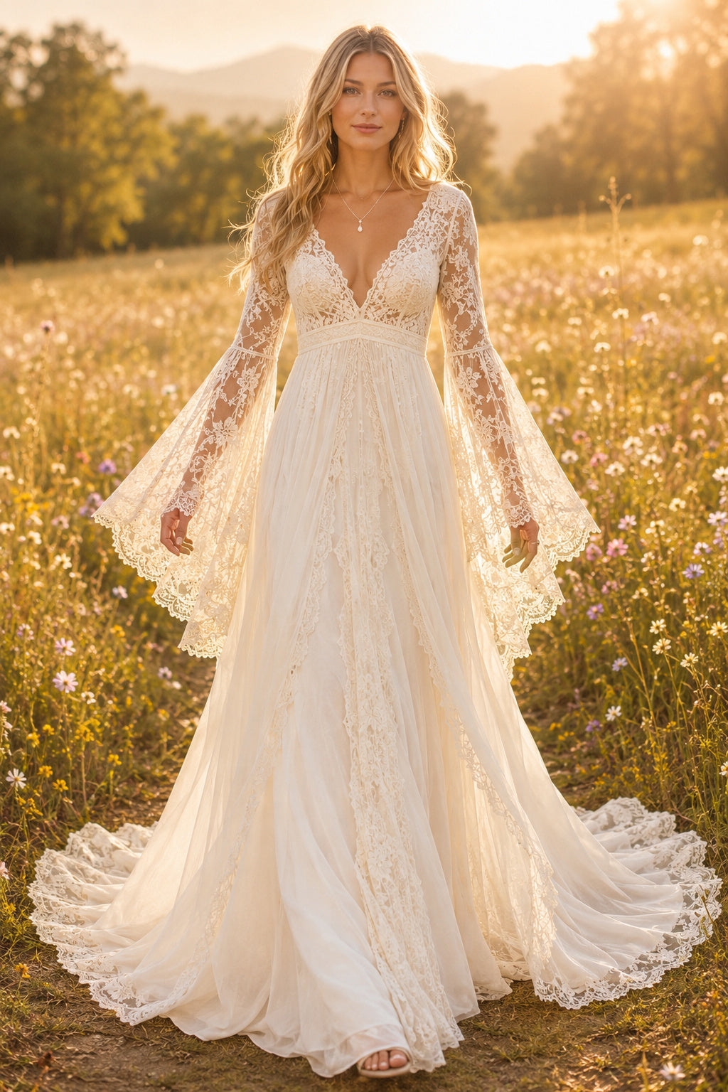 Ivory Long Bell Sleeve V-Neck Lace A-Line Wedding Dress Train for Wedding Ceremony and Reception Style MG_701461 front view