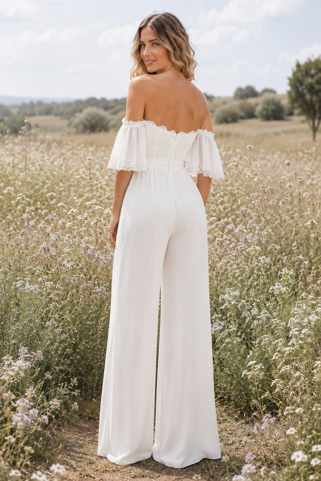 Ivory Off-the-Shoulder Sweetheart Flutter Sleeve Lace Satin Floor-Length Bridal Jumpsuit with Flutter Sleeves and Wide Leg Pa