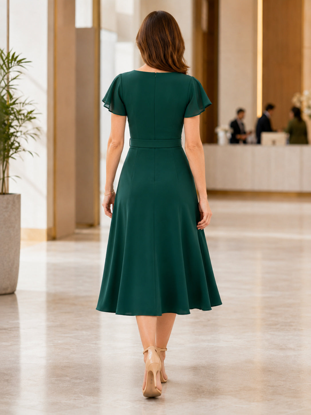 Emerald square neck flutter sleeve A-line corporate midi dress back view
