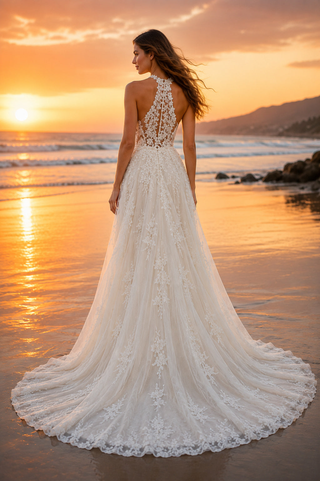 Ivory Halter V-Neck Lace Tulle A-Line Wedding Dress Keyhole Back for Bridal Ceremony and Reception back view