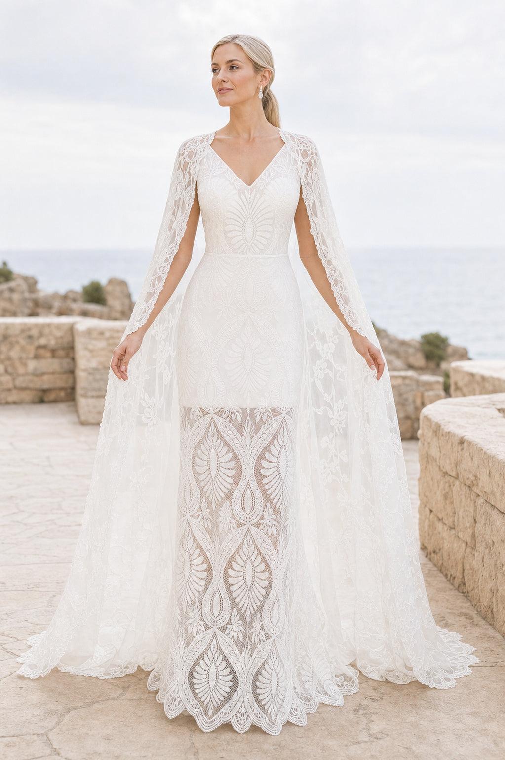 White V-neck Sheath Lace Floor-length Wedding Dress With Lace and Floral Appliques and Open Back