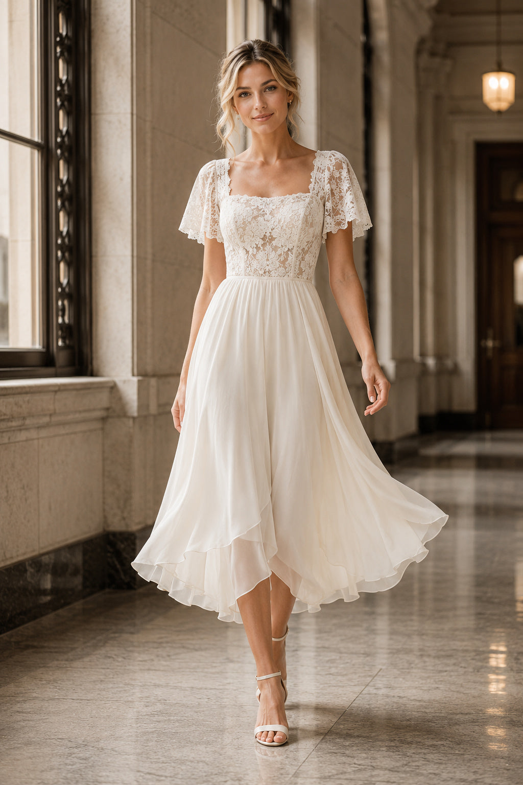 Ivory Square Neck Short Sleeve High-Low Lace A-Line Wedding Guest Dress front view