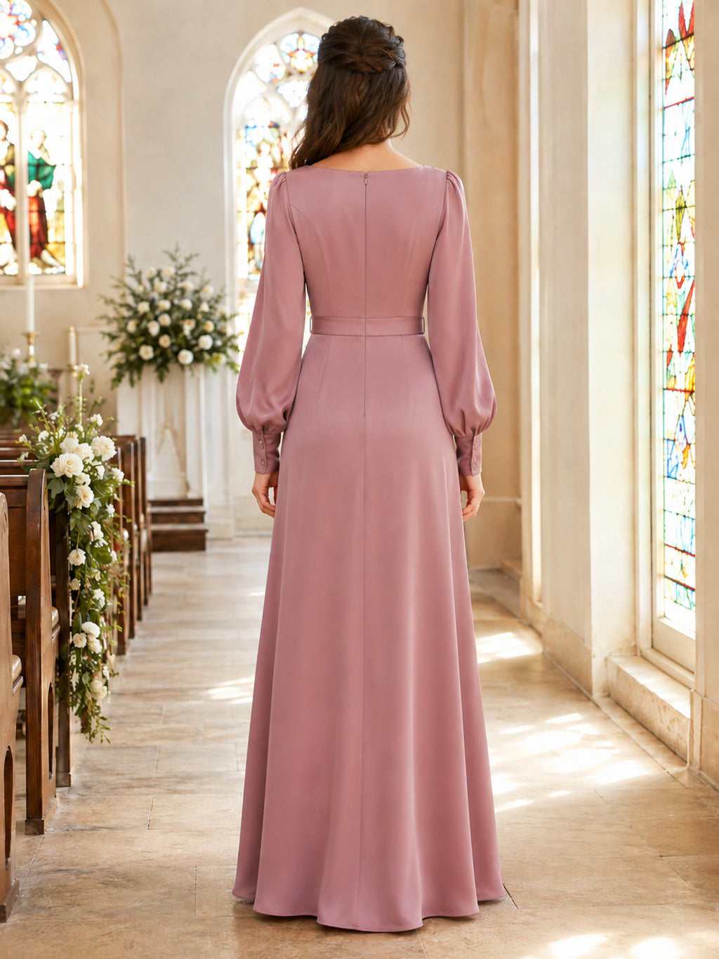 Mauve bateau neck long sleeve chiffon floor length bridesmaid dress back view