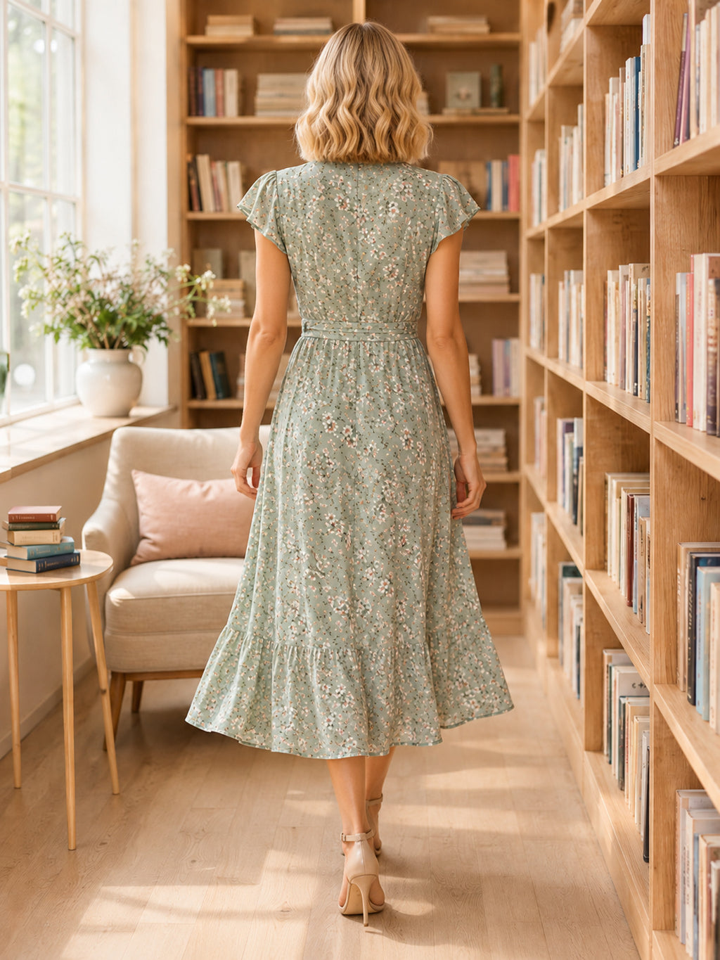 Sage floral V-neck short sleeve bookstore guest midi dress back view