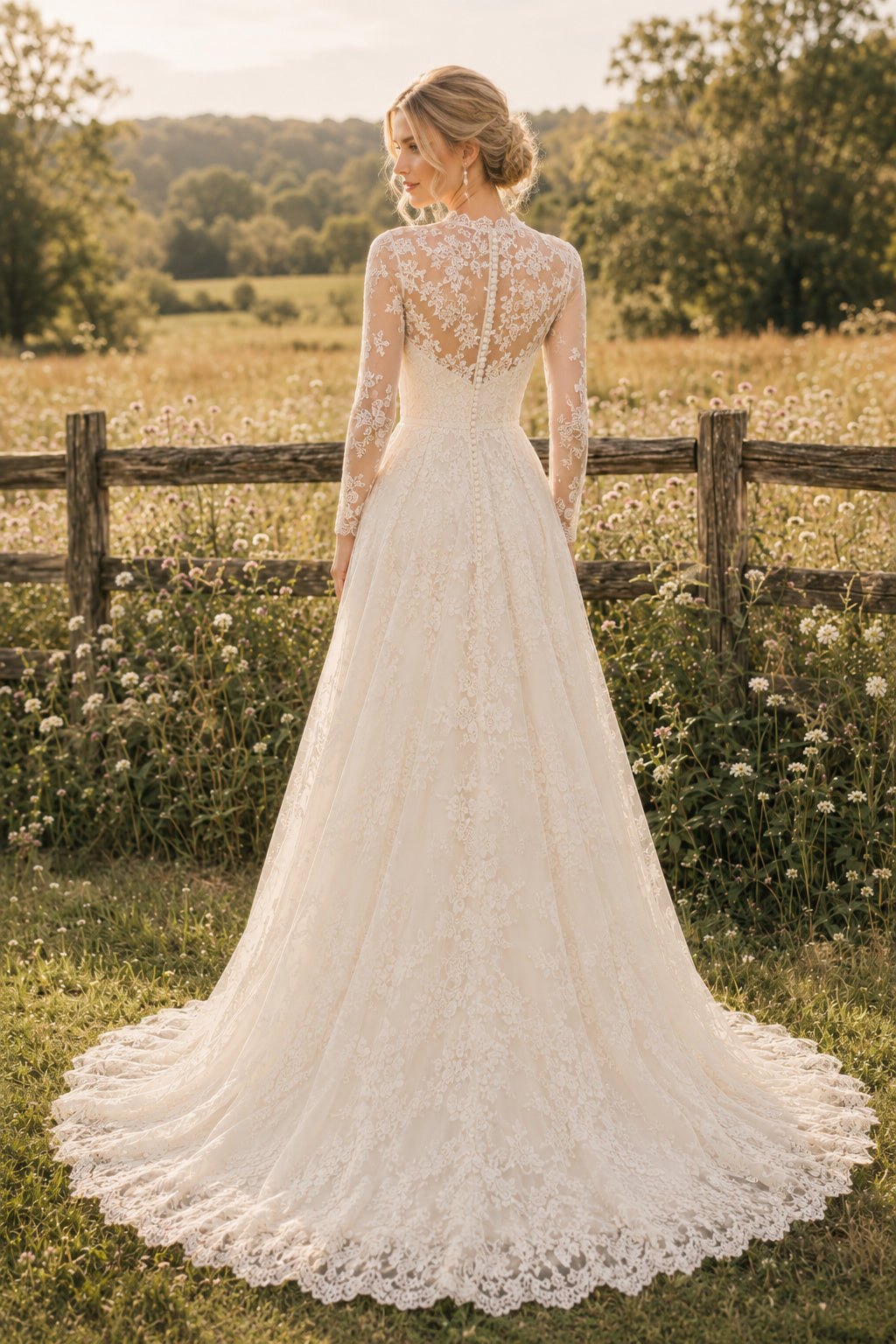 Ivory Modest High Neck A-Line Lace Tulle Wedding Dress with Long Lace Sleeves and Chapel Train back view