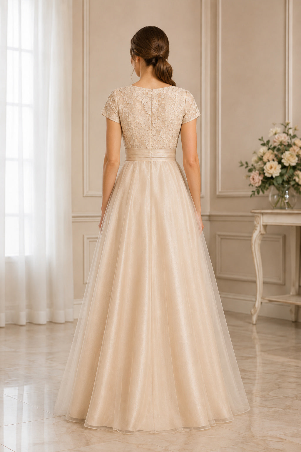 Champagne Lace Cap Sleeve Bodice with Smooth Satin Skirt Floor Length A-Line Wedding Dress back view