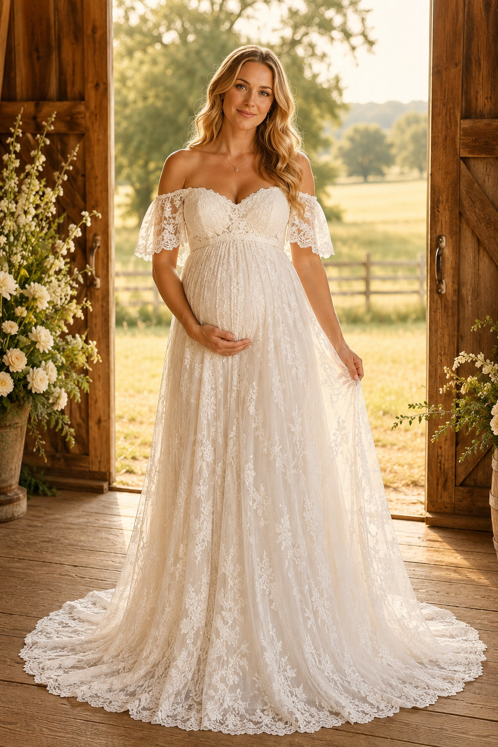 Ivory Maternity Off-the-Shoulder Lace A-Line Wedding Dress with Scalloped Train front view
