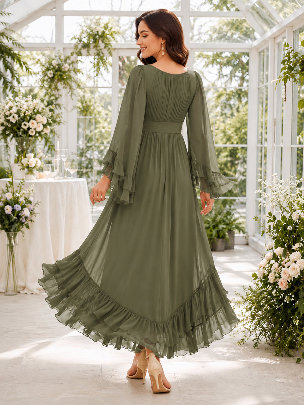 Sage Scoop Neck Ruffle Chiffon Long Sleeve Guest Dress back view