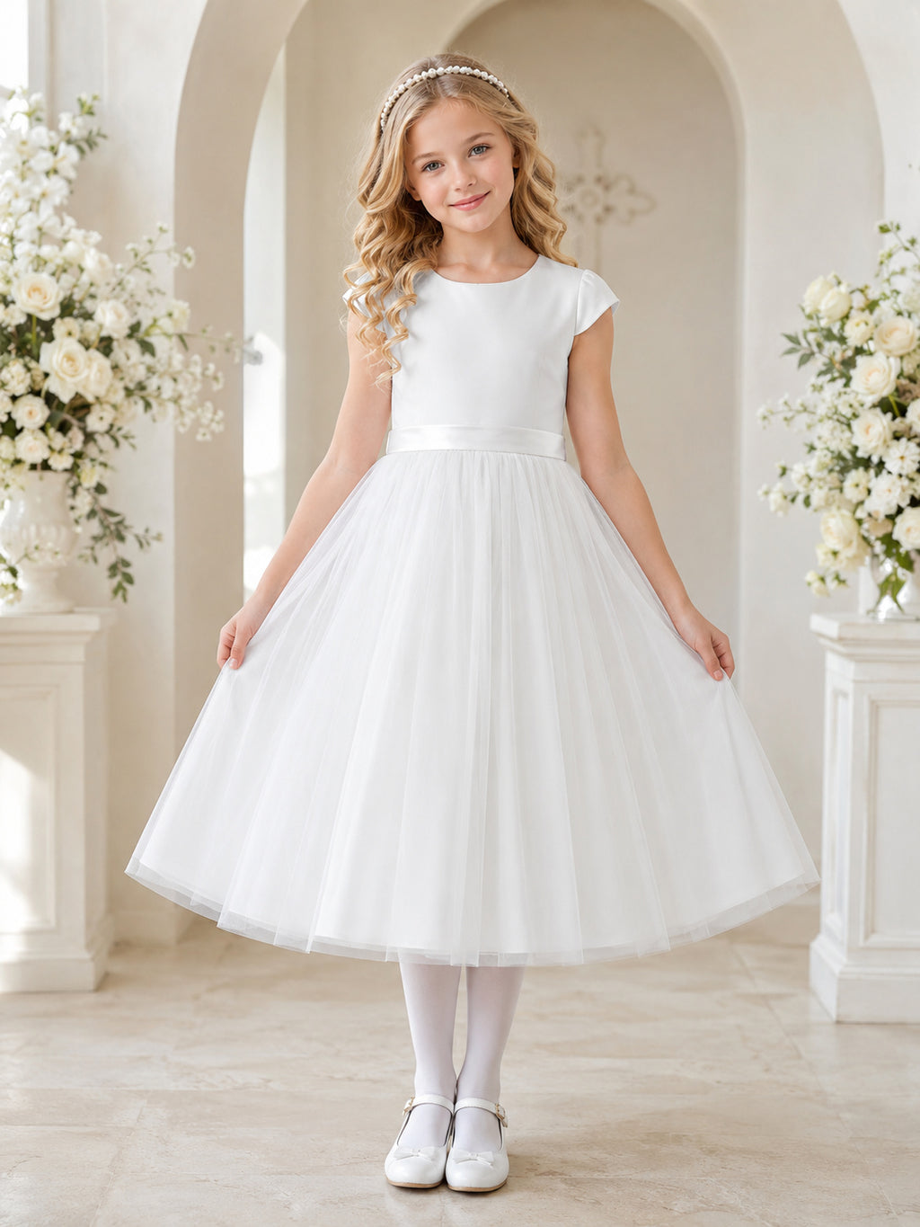 White Satin Tulle Jewel Neck Short Cap Sleeve Pearl Buttons Tea Length Communion Flowergirl Dress front view