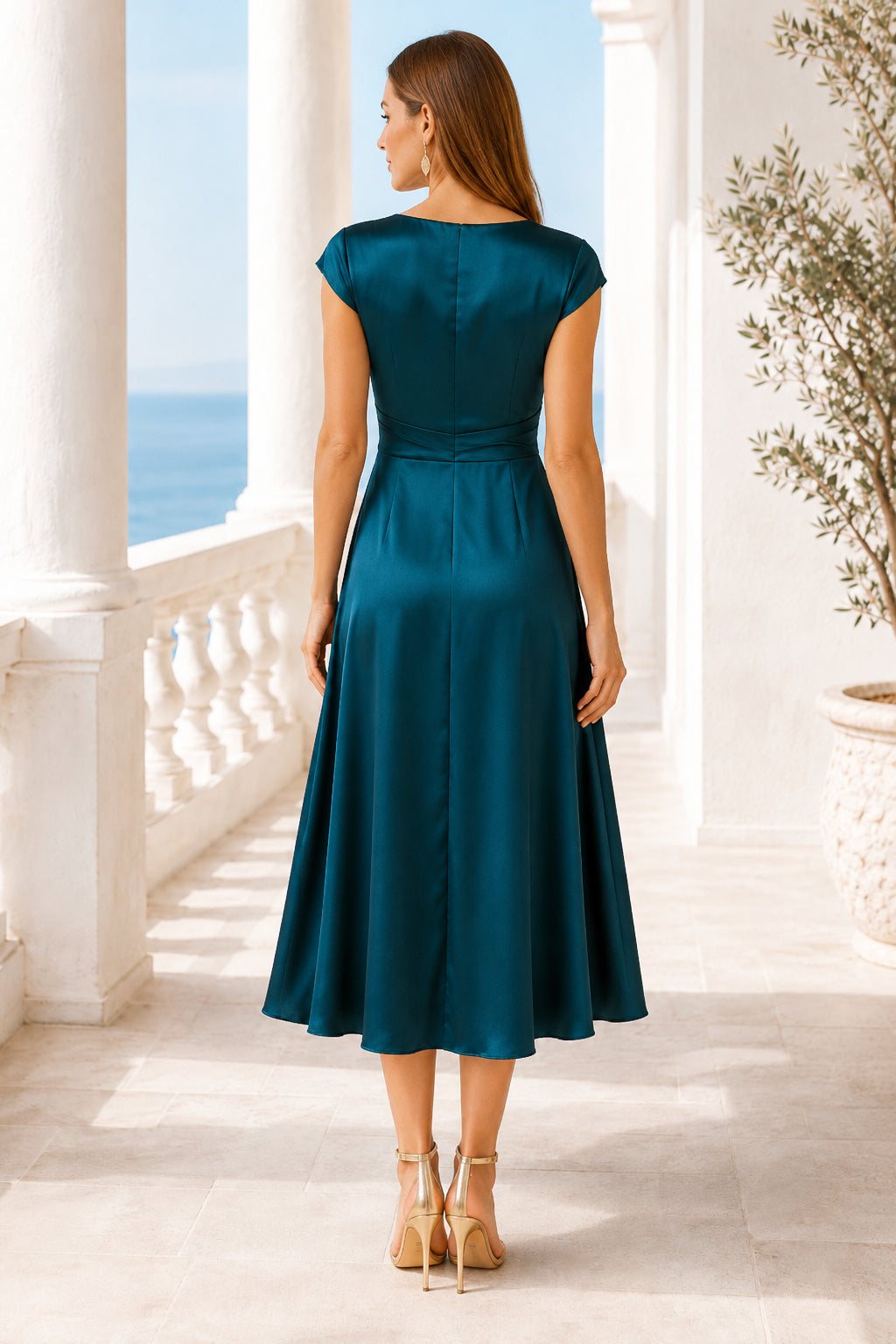 Dark Navy Satin Midi Wedding Guest Sheath Dress back view