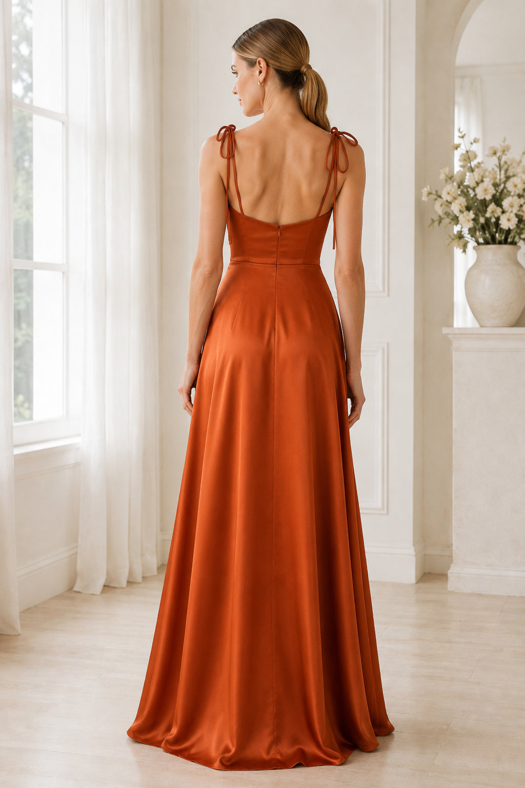 Orange Square Neck Satin A-Line Bridesmaid Dress with Tie Straps and Clean Floor Length Skirt back view