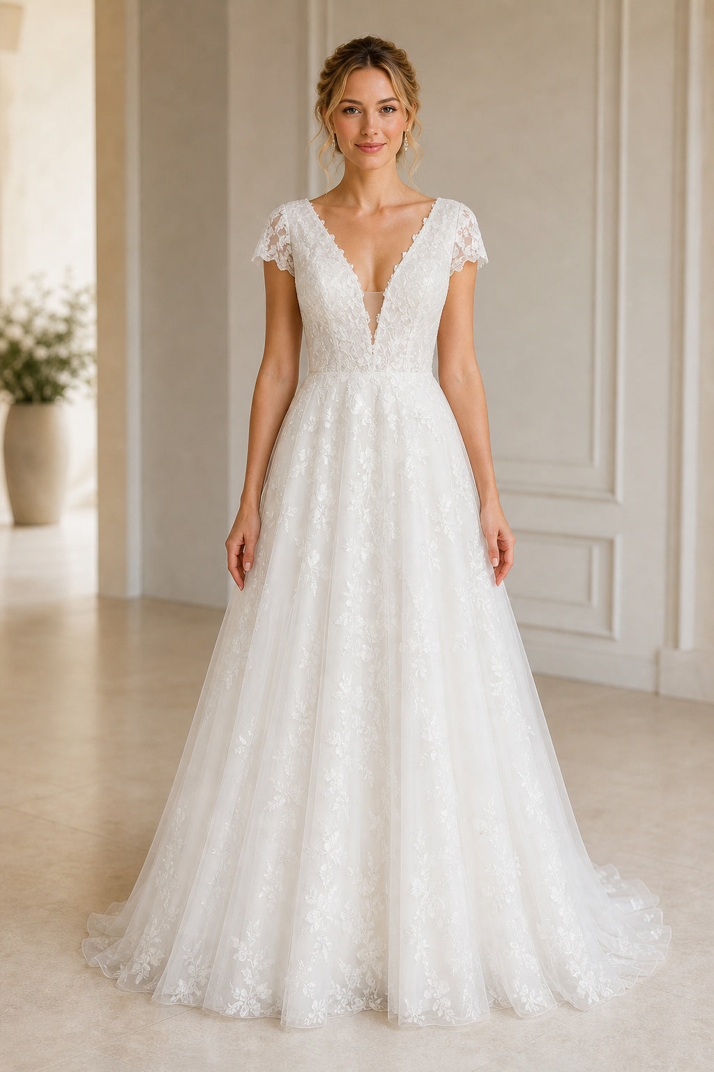 White Halter A-Line Crepe Floor-length Wedding Dress With Layered Skirt and Beaded Bodice and Open Back