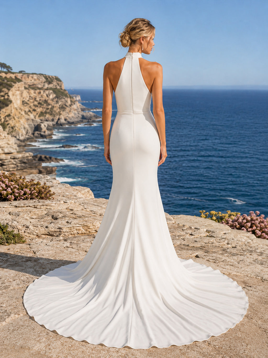 Beach Satin Chiffon Wedding Dress Mermaid Halter Sleeveless Sweep Train Bridal Gown back view