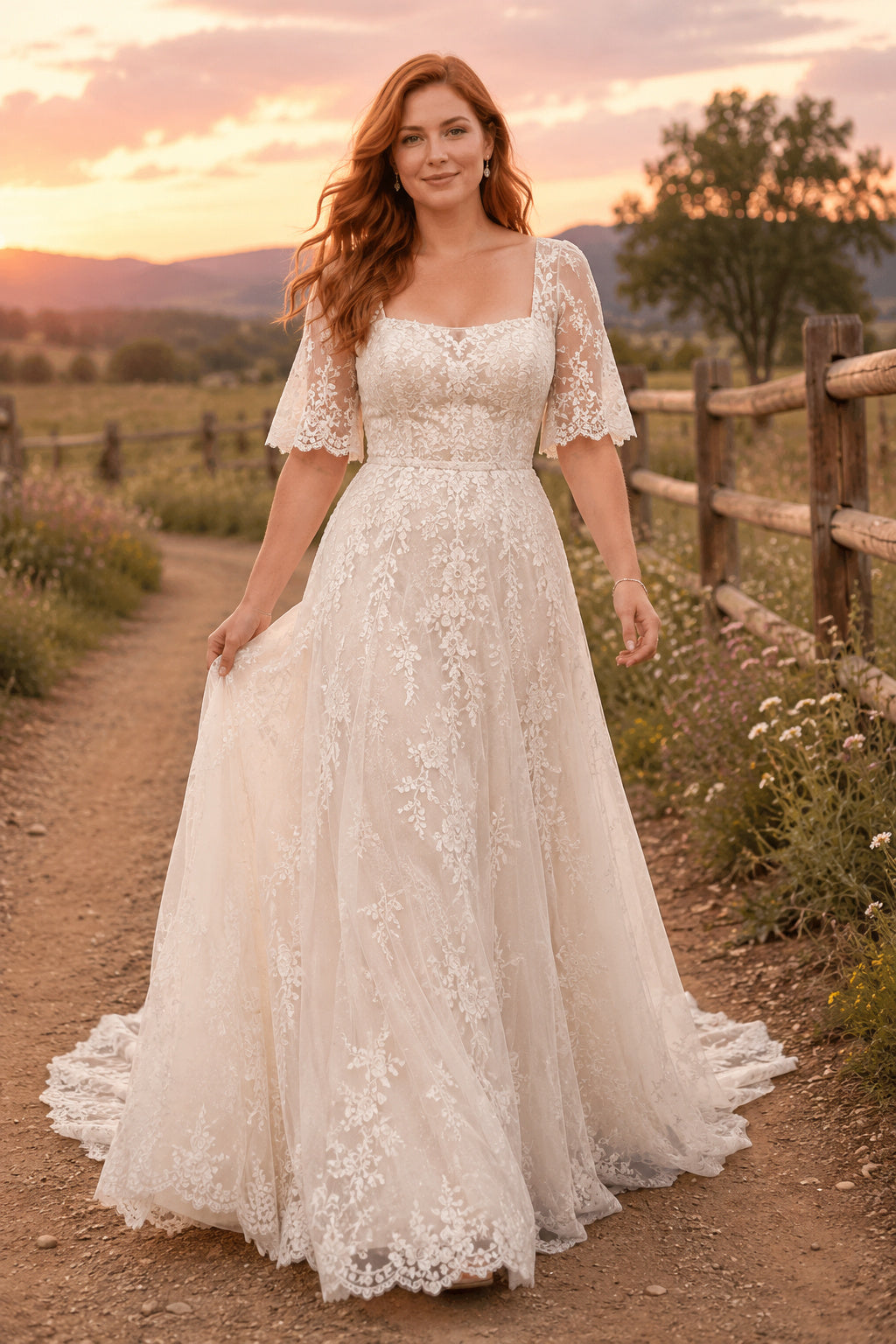 Ivory Plus Size Square Neck Lace A-Line Wedding Dress with Short Sleeves and Train front view