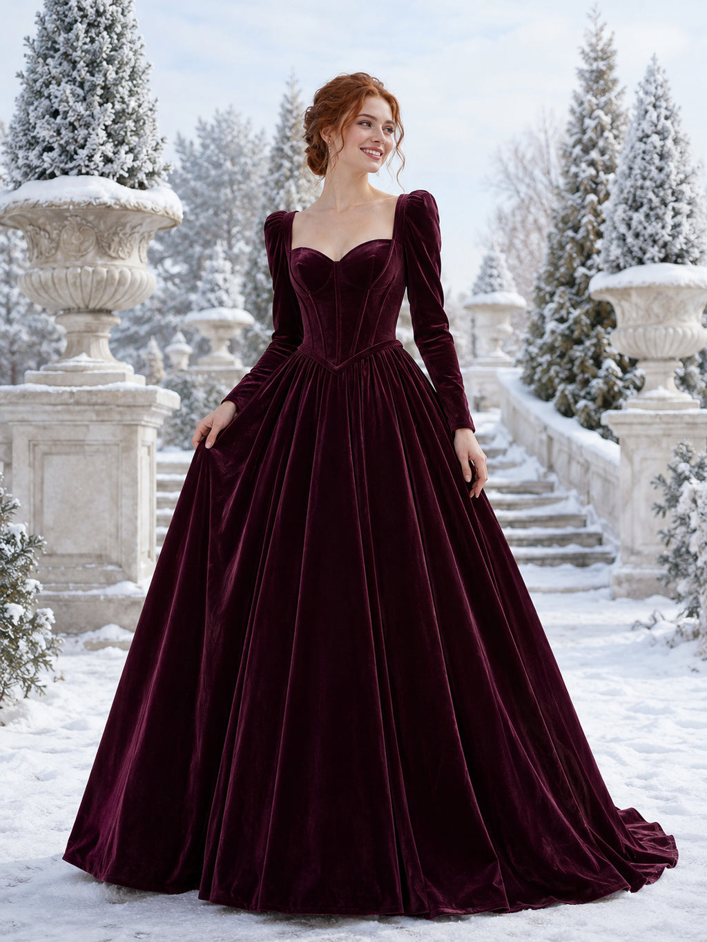 Plum Sweetheart Puff Sleeve Velvet Ball Gown Court Train Wedding Dress front view