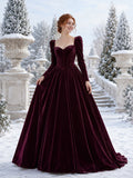 Plum Sweetheart Puff Sleeve Velvet Ball Gown Court Train Wedding Dress front view
