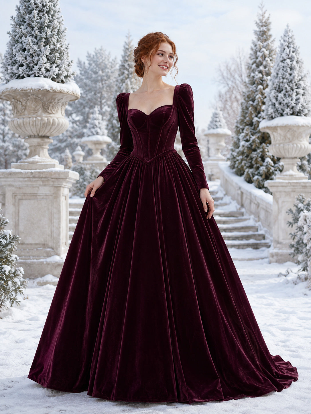 Plum Sweetheart Puff Sleeve Velvet Ball Gown Court Train Wedding Dress front view