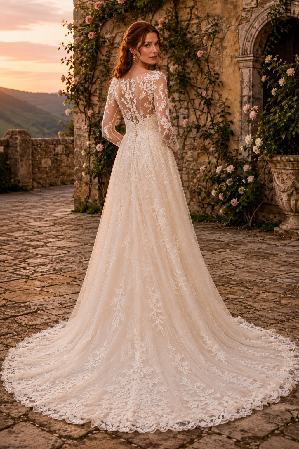 Champagne Illusion Long Sleeve Lace A-Line Wedding Dress with Soft Tulle Skirt and Train back view