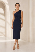 Dark Navy One-Shoulder Sheath Cocktail Dress with Knee Length Skirt and Clean Back front view