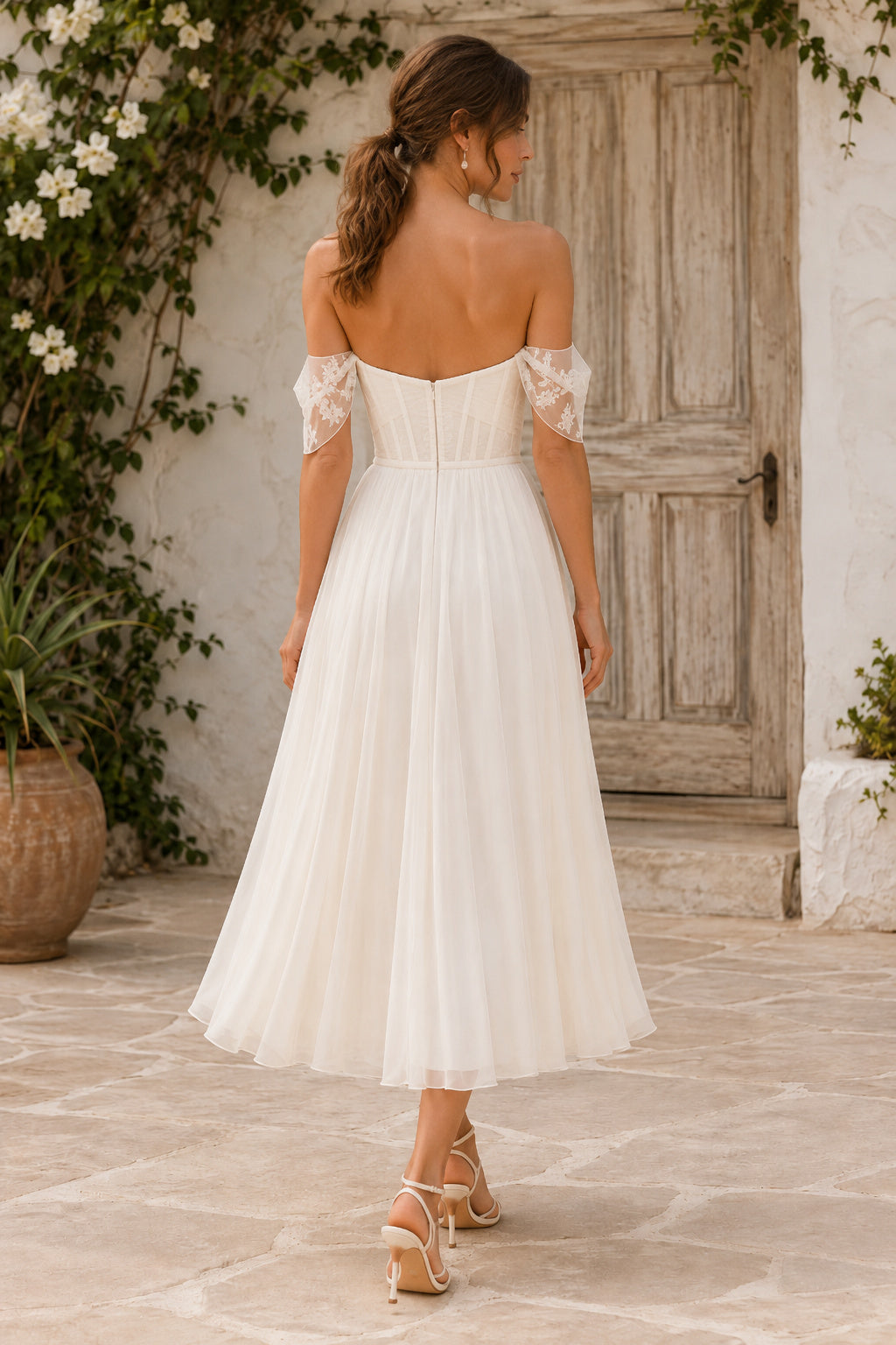 Ivory Off Shoulder Tulle Tea Length Wedding Dress for Wedding Reception and Party back view