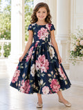 Navy Oversized Floral Print Flower Girl Dress with Cap Sleeves, Elegant Tulle A-Line, Natural Waist, and Tea-Length Skirt fro