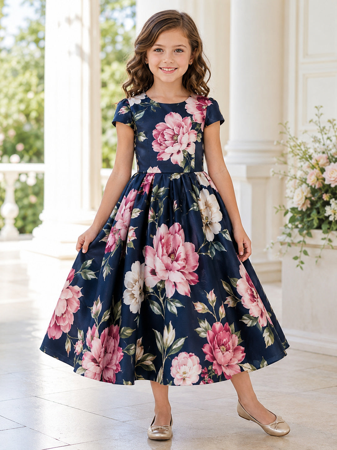Navy Oversized Floral Print Flower Girl Dress with Cap Sleeves, Elegant Tulle A-Line, Natural Waist, and Tea-Length Skirt fro