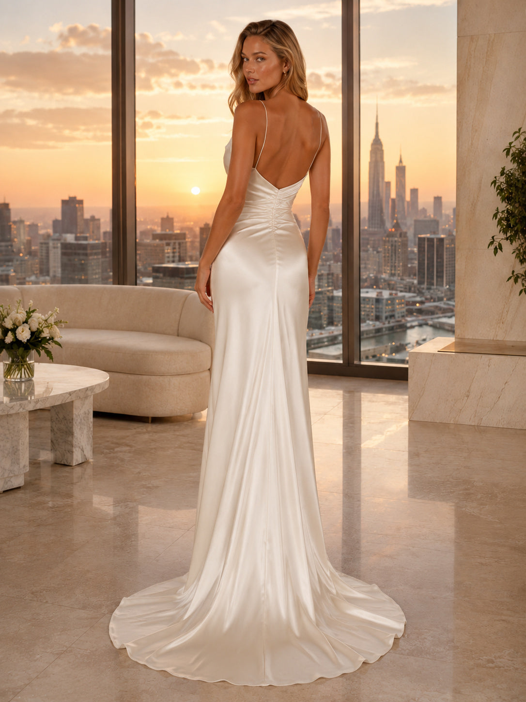 Luxury Draped Satin Sweetheart Penthouse Elopement Bridal Gown back view