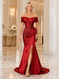 Red Off Shoulder Embellished Satin High Slit Mermaid Dress front view