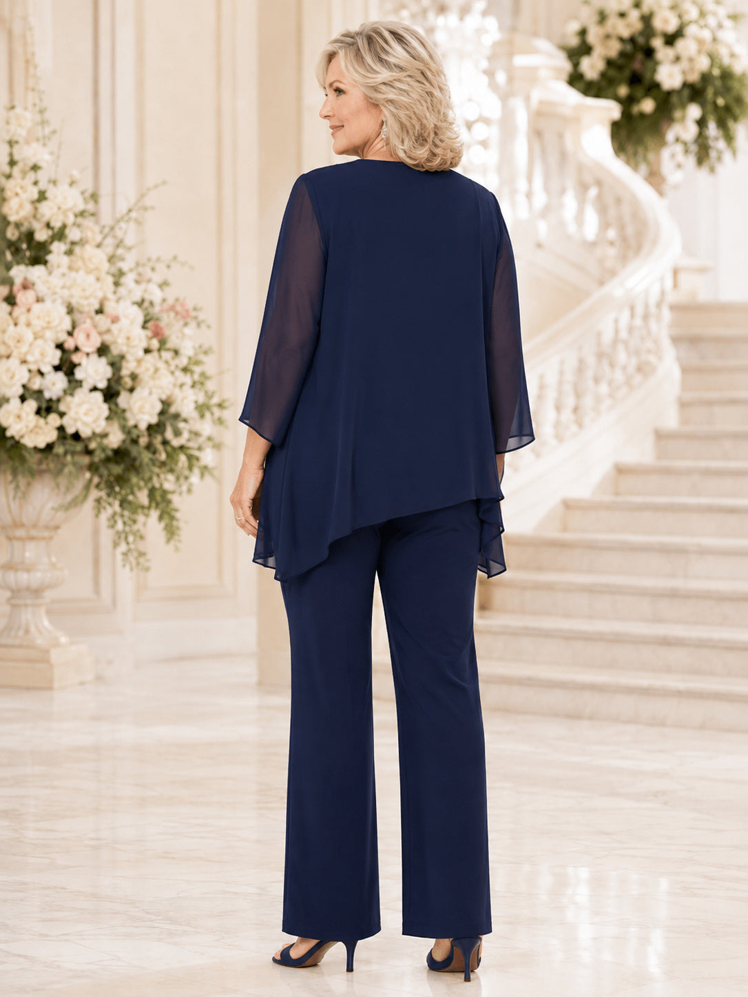 Dark Navy Plus-Size Elegant Jewel-Neck Three-Quarter Chiffon Cape Wide-Leg Mother of the Groom Formal Pantsuit Outfit back vi