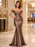 Taupe Satin Off Shoulder Mermaid Evening Dress front view