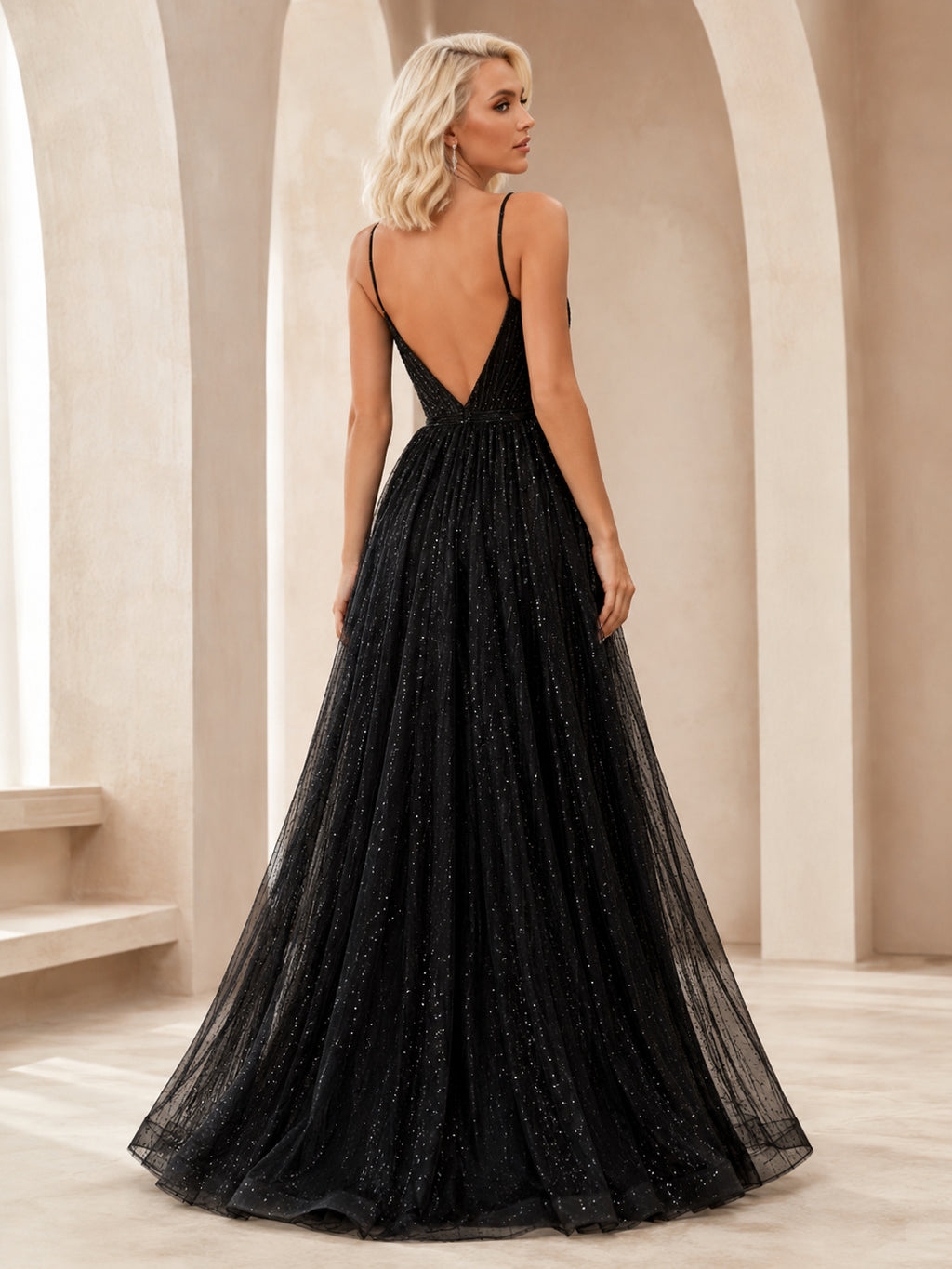 Black Glitter Graduation A Line Floor Length Spaghetti Deep V Backless Gown back view