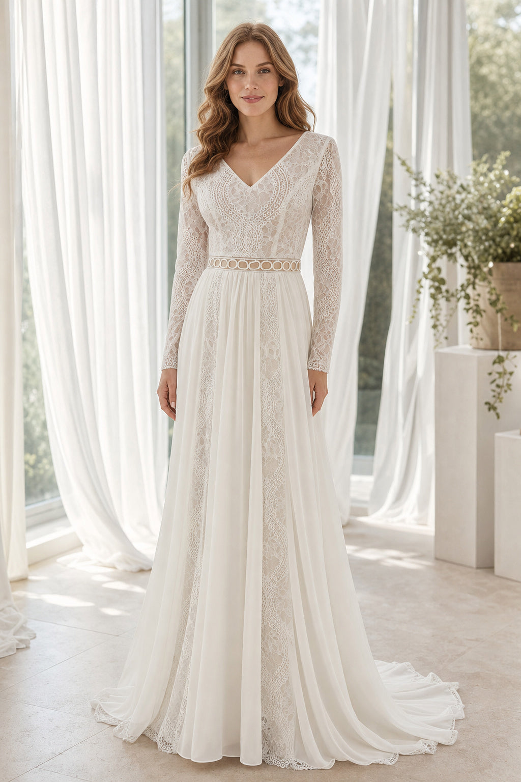 White Halter A-Line Chiffon Floor-length Wedding Dress With Beaded Bodice and Pleated Skirt and Open Back Lace Hem Detail