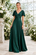 Dark Green V-Neck Satin A-Line Bridesmaid Dress with Short Sleeves and Simple Floor Skirt front view
