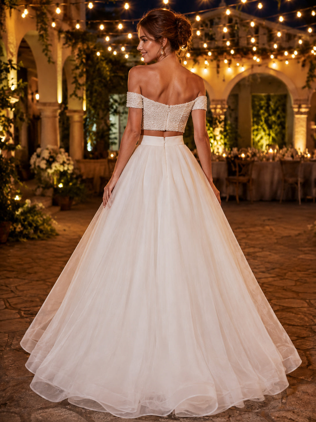 Beaded Off Shoulder Crop Top Tulle Ballroom Bridal Set back view